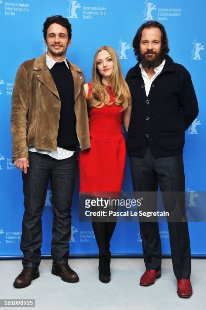 Actors James Franco, Amanda Seyfried and Peter Sarsgaard attend the 'Lovelace' Photocall during the 63rd Berlinale International Film Festival at...