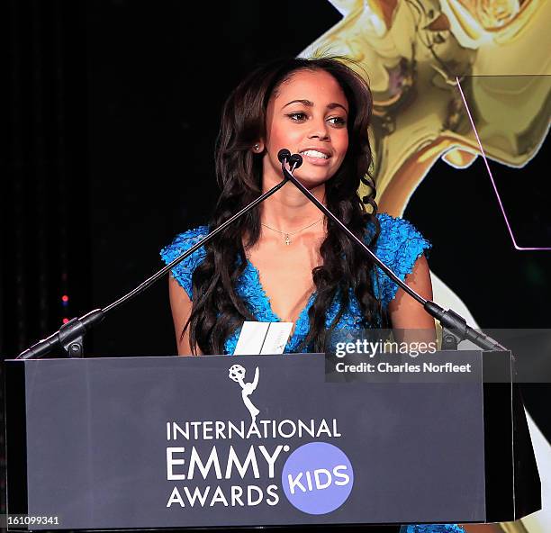 Actress Vanessa Morgan presents an award during The Inaugural International Emmy Kids Awards at The Lighthouse at Chelsea Piers on February 8, 2013...