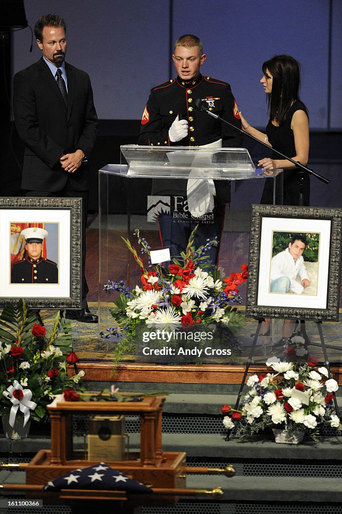ARVADA, CO--NOVEMBER 13TH 2010--Brandon Pearson's best friend, Marine 1st Battalion, 12th Marines, Spencer Elrod, center, speaks at Brandon's memorial service, United States Marine, Lcpl Brandon W. Pearson at the Faith Bible Chapel in Arvada Saturday morn
