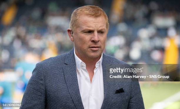 Pundit Neil Lennon during a Viaplay Cup Round of Sixteen match between Kilmarnock and Celtic at Rugby Park, on August 20 in Kilmarnock, Scotland.