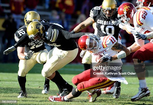 S Nick Kasa gets ahold of ISU's QB Jerome Tiller in the fourth quarter. University of Colorado Buffaloes football takes on the Iowa State Cyclones at...