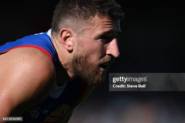 Marcus Bontempelli of the Bulldogs looks on during the round 22 AFL match between Hawthorn Hawks and Western Bulldogs at University of Tasmania...