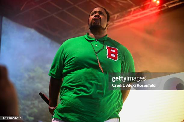 Bone Crusher performs at the fiftieth anniversary of Hip Hop block party near 1520 Sedgwick Ave on August 12, 2023 in The Bronx borough of New York...