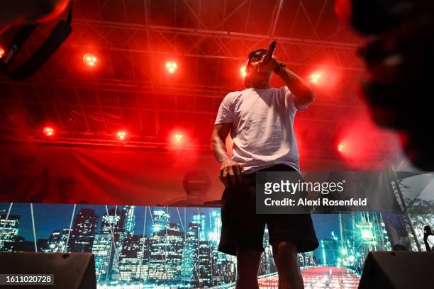 Peter Gunz performs at the fiftieth anniversary of Hip Hop block party near 1520 Sedgwick Ave on August 12, 2023 in The Bronx borough of New York...