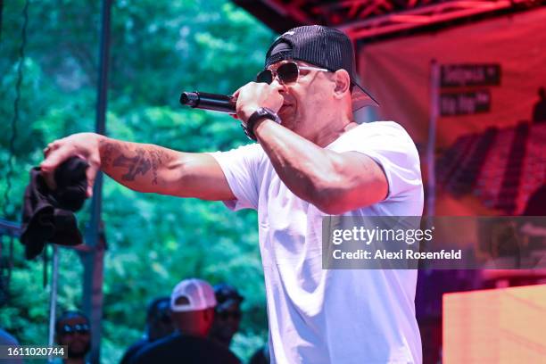 Peter Gunz performs at the fiftieth anniversary of Hip Hop block party near 1520 Sedgwick Ave on August 12, 2023 in The Bronx borough of New York...