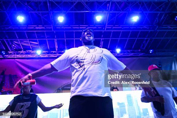 Hip hop artist performs at the fiftieth anniversary of Hip Hop block party near 1520 Sedgwick Ave on August 12, 2023 in The Bronx borough of New York...