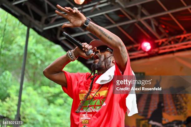 Hip hop artist performs at the fiftieth anniversary of Hip Hop block party near 1520 Sedgwick Ave on August 12, 2023 in The Bronx borough of New York...
