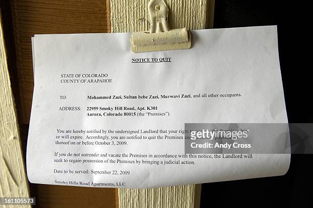 Notice to Quit posted on the apartment where alleged terror suspect, Najibullah Zazi, lives at the Vista Apartments in Aurora Wednesday afternoon....