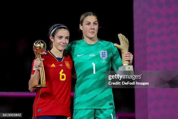Aitana Bonmati of Spain with the adidas Golden Ball Award and goalkeeper Mary Earps of England with the adidas Golden Glove Award after the FIFA...