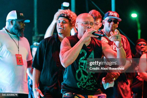 Hakim Green performs at the fiftieth anniversary of Hip Hop block party near 1520 Sedgwick Ave on August 12, 2023 in The Bronx borough of New York...