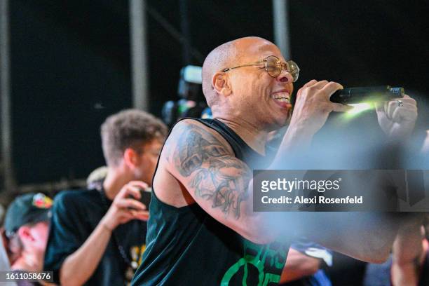 Hakim Green performs at the fiftieth anniversary of Hip Hop block party near 1520 Sedgwick Ave on August 12, 2023 in The Bronx borough of New York...