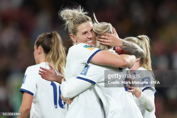 Alessia Russo of England celebrates with teammate Millie Bright after scoring her team's second goal during the FIFA Women's World Cup Australia &...