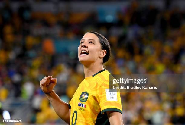 Sam Kerr of Australia celebrates her team's victory after the penalty shoot out during the FIFA Women's World Cup Australia & New Zealand 2023...