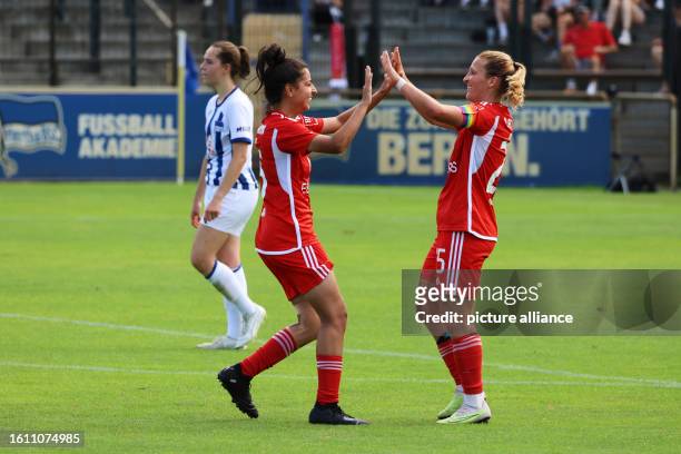 August 2023, Berlin: Regionalliga women: Hertha BSC - Union Berlin. Union's Dina Sophia Orschmann scores a goal to make it 1:4 in the Regionalliga...