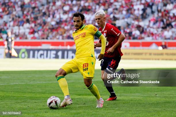 Pedro Chirivella of FC Nantes passes the ball during the Ligue 1 Uber Eats match between Lille OSC and FC Nantes at Stade Pierre-Mauroy on August 20,...