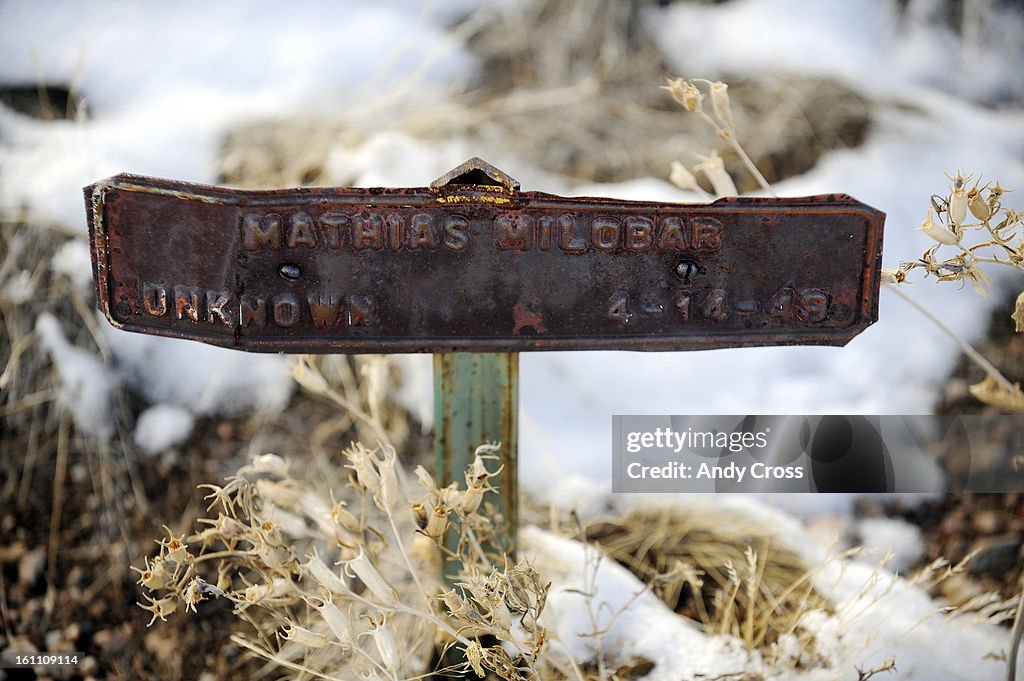 CANON CITY ,CO--Head stone/ tin plate marker for Colorado State prisoner Mathias Milobar on Wood Pecker Hill at Greenwood Cemetery in Canon City January 20th 2011 close by to the Canon City Prison. Andy Cross, The Denver Post