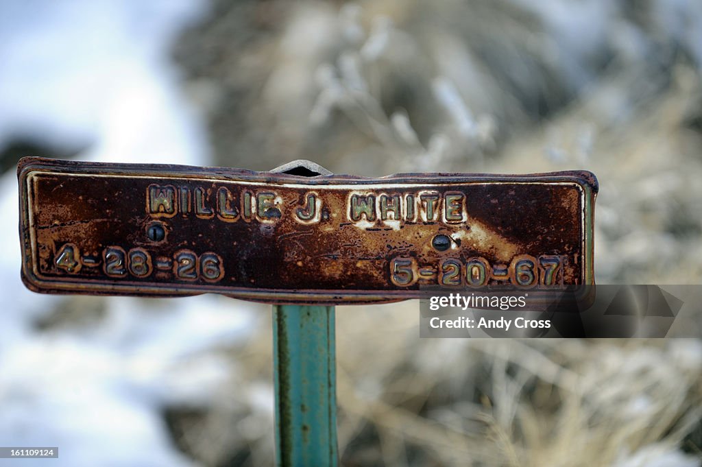 CANON CITY ,CO--Head stone/ tin plate marker for Colorado State prisoner Willie White, born 1926, died 1967 on Wood Pecker Hill at Greenwood Cemetery in Canon City January 20th 2011 close by to the Canon City Prison. Andy Cross, The Denver Post