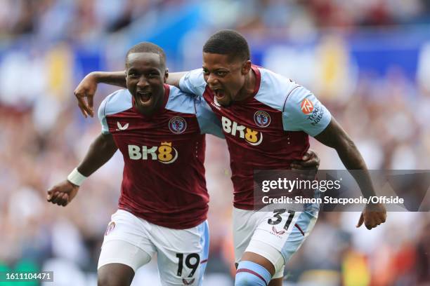 Leon Bailey of Aston Villa celebrates with Moussa Diaby of Aston Villa after scoring their 3rd goal during the Premier League match between Aston...
