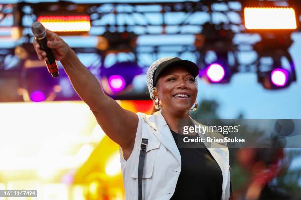 Queen Latifah performs live during the NMAAHC Hip-Hop Block Party at Smithsonian National Museum Of African American History on August 12, 2023 in...