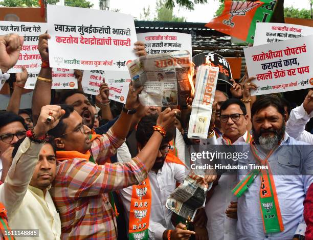 Bharatiya Janata Yuva Morcha activists protest against Shiv Sena mouthpiece Saamana and Uddhav Thackeray for using inappropriate abusive language, at...