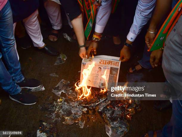 Bharatiya Janata Yuva Morcha activists protest against Shiv Sena mouthpiece Saamana and Uddhav Thackeray for using inappropriate abusive language, at...