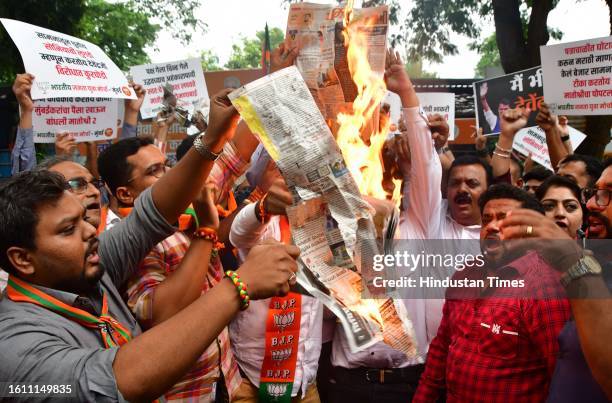 Bharatiya Janata Yuva Morcha activists protest against Shiv Sena mouthpiece Saamana and Uddhav Thackeray for using inappropriate abusive language, at...