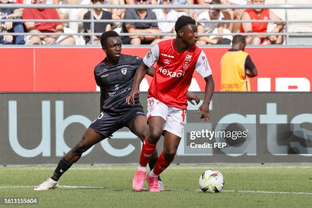 Cheick Oumar KONATE - 67 Mamadou DIAKHON during the Ligue 1 Uber Eats match between Reims and Clermont at Stade Auguste Delaune on August 20, 2023 in...