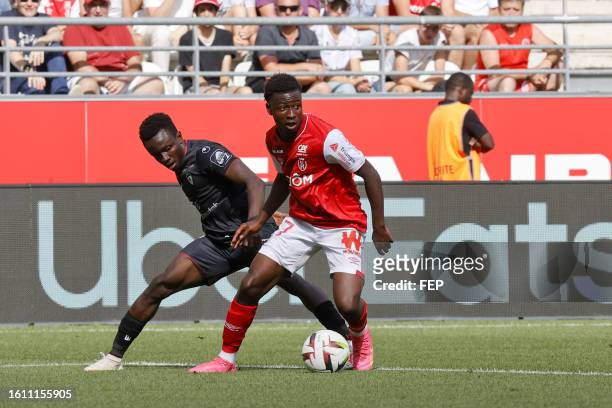 Cheick Oumar KONATE - 67 Mamadou DIAKHON during the Ligue 1 Uber Eats match between Reims and Clermont at Stade Auguste Delaune on August 20, 2023 in...