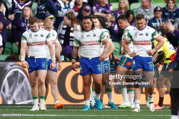 The Raiders looks dejected after the round 24 NRL match between Melbourne Storm and Canberra Raiders at AAMI Park on August 13, 2023 in Melbourne,...