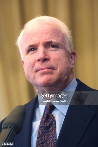 Senator John McCain speaks to reporters after meeting with Czech President Vaclav Havel at Prague Castle August 28, 2001 in Prague, Czech Republic....