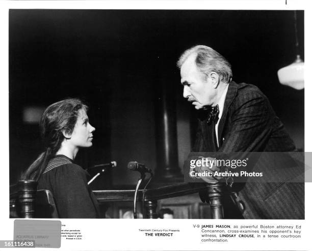 Lindsay Crouse is questioned by James Mason in a scene from the film 'The Verdict', 1982.