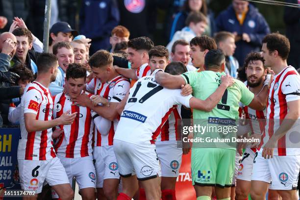 Alessandro Lopane of Melbourne City celebrates his goal during the round of 32 2023 Australia Cup match between Oakleigh Cannons FC and Melbourne...