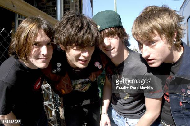 Portrait of American alternative rock group All American Rejects as they pose outdoors, Chicago, Illinois, May 20, 2003. Pictured are from left,...