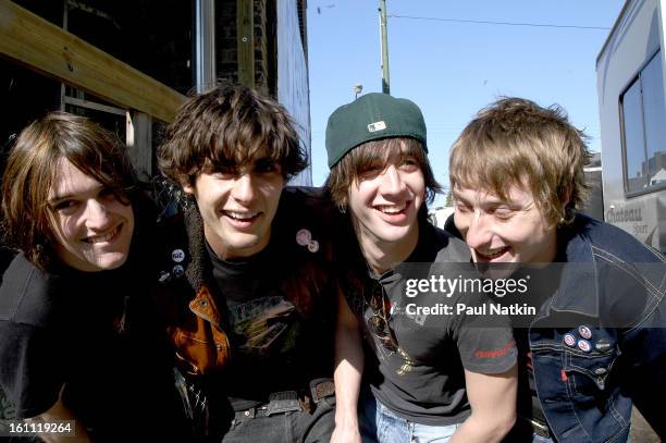 Portrait of American alternative rock group All American Rejects as they pose outdoors, Chicago, Illinois, May 20, 2003. Pictured are from left,...