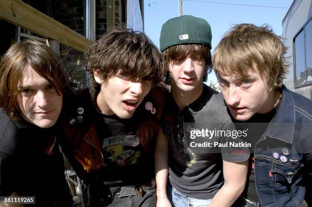 Portrait of American alternative rock group All American Rejects as they pose outdoors, Chicago, Illinois, May 20, 2003. Pictured are from left,...