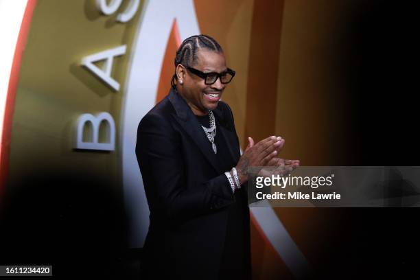 Hall of Fame member and presenter Allen Iverson looks on during the 2023 Naismith Basketball Hall of Fame Induction at Symphony Hall on August 12,...