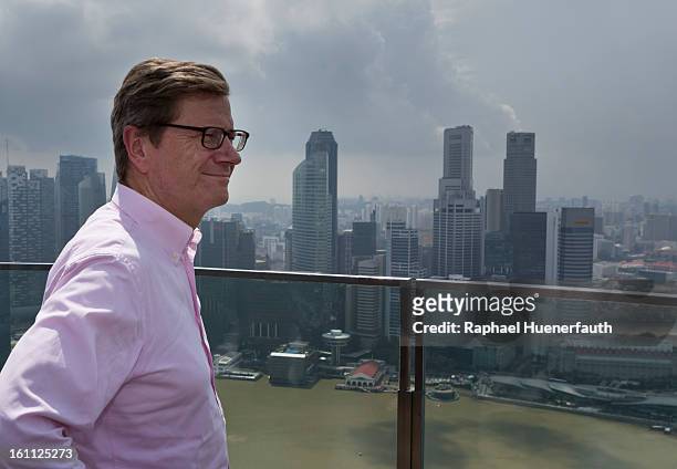 German Foreign Minister Guido Westerwelle stands on the Sands SkyPark, the rooftop garden of the "Marina Bay Sands Hotel", and looks over the city on...