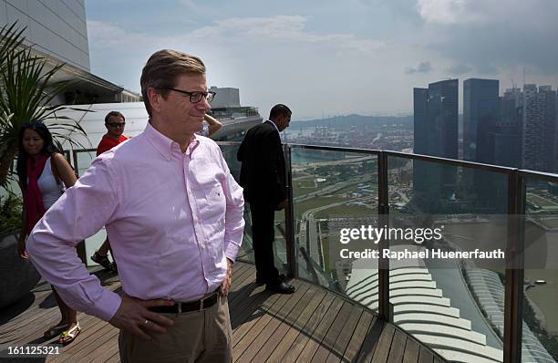 German Foreign Minister Guido Westerwelle stands on the Sands SkyPark, the rooftop garden of the "Marina Bay Sands Hotel", and looks over the city on...