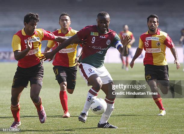 Odafa of Mohun Bagan is trying to beat Arnab Mondal of East Bengal during the derby match of I-League at Yuba Bharati Krirangan, Salt Lake on...