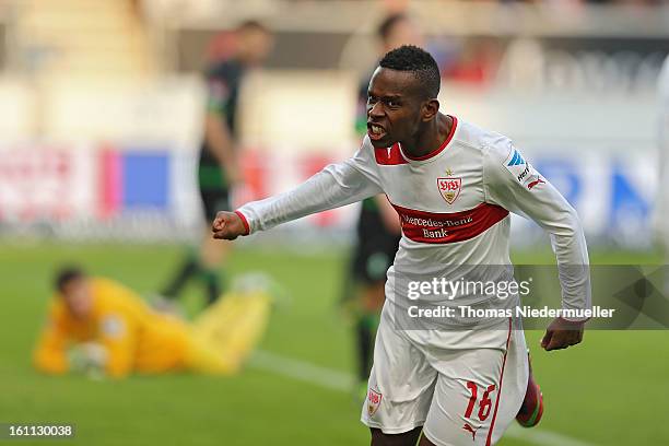 Ibrahima Traore of Stuttgart celebrates his goal during the Bundesliga match between VfB Stuttgart and Werder Bremen at Mercedes-Benz Arena on...