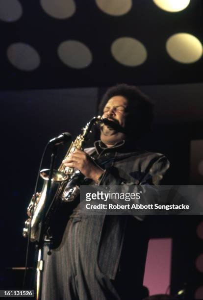 American jazz musician Cannonball Adderley plays saxophone as he leads his quintet during a performance at the Push Expo, Chicago, Illinois,...