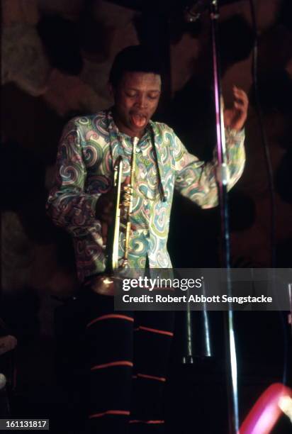 South African jazz and pop musician Hugh Masekela, trumpet in his hand, performs on stage at Tennessee State University, Nashville, Tennessee, 1969.
