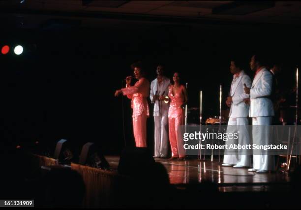 American R&B and pop group the 5th Dimension performs onstage at an unidentified venue, early to mid 1970s. Pictured are, from left, Florence LaRue,...