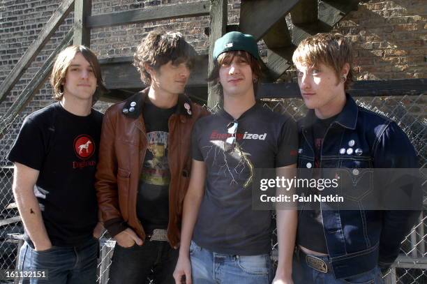 Portrait of American alternative rock group All American Rejects as they pose outdoors, Chicago, Illinois, May 20, 2003. Pictured are from left,...