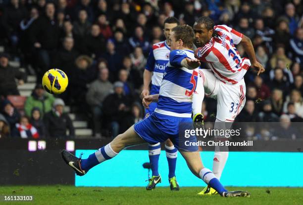 Cameron Jerome of Stoke City scores his team's second goal during the Barclays Premier League match between Stoke City and Reading at the Britannia...