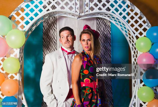 caucasian couple at retro prom - prom photo imagens e fotografias de stock