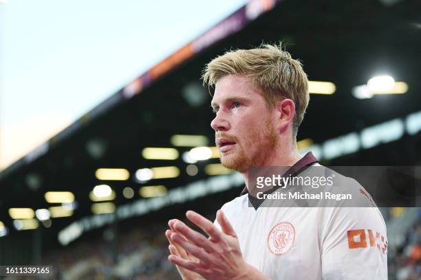Kevin De Bruyne of Manchester City looks on after being substituted with an injury during the Premier League match between Burnley FC and Manchester...