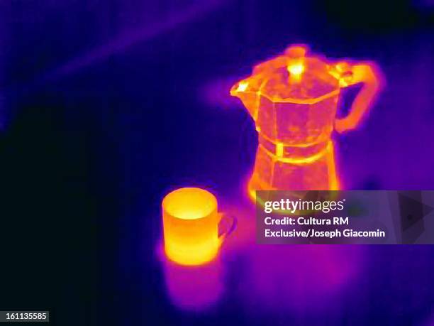 thermal image of coffee and pot - thermo becher stock-fotos und bilder