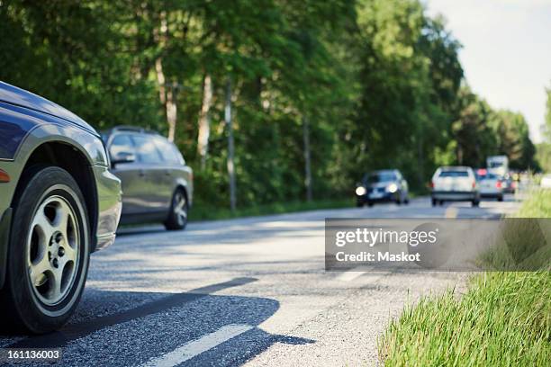 cars on country road through treelined - sports utility vehicle bildbanksfoton och bilder