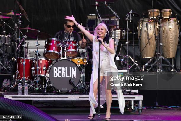 Ric "Rocc" Roccapriore and Terri Nunn of Berlin perform in concert during "The Letting It Go Show" at Germania Insurance Amphitheater on August 12,...